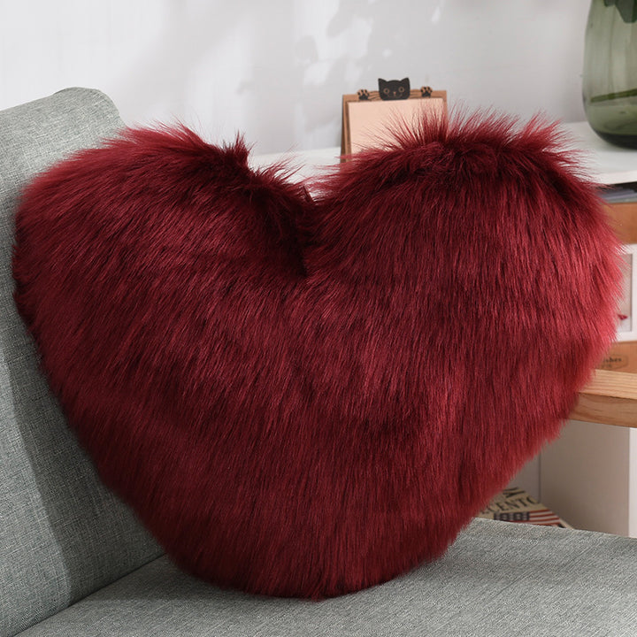 VibeCore Fluffy Heart Throw Pillow in wine red – plush faux fur, heart-shaped design, adds cozy and romantic vibes to your space.