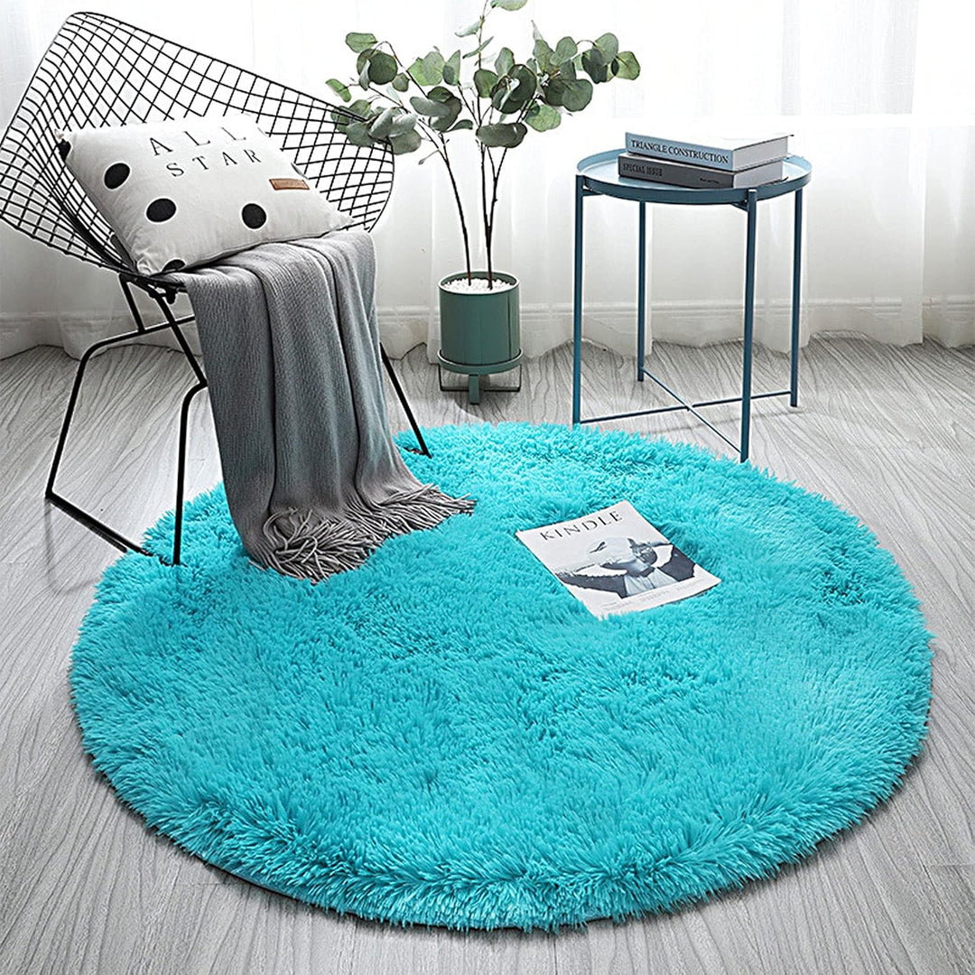 VibeCore Fluffy Round Area Rug in aqua, soft plush texture with non-slip backing, perfect for bedroom, living room, or dorm. Cozy aesthetic, easy to clean, available in 8 colors.
