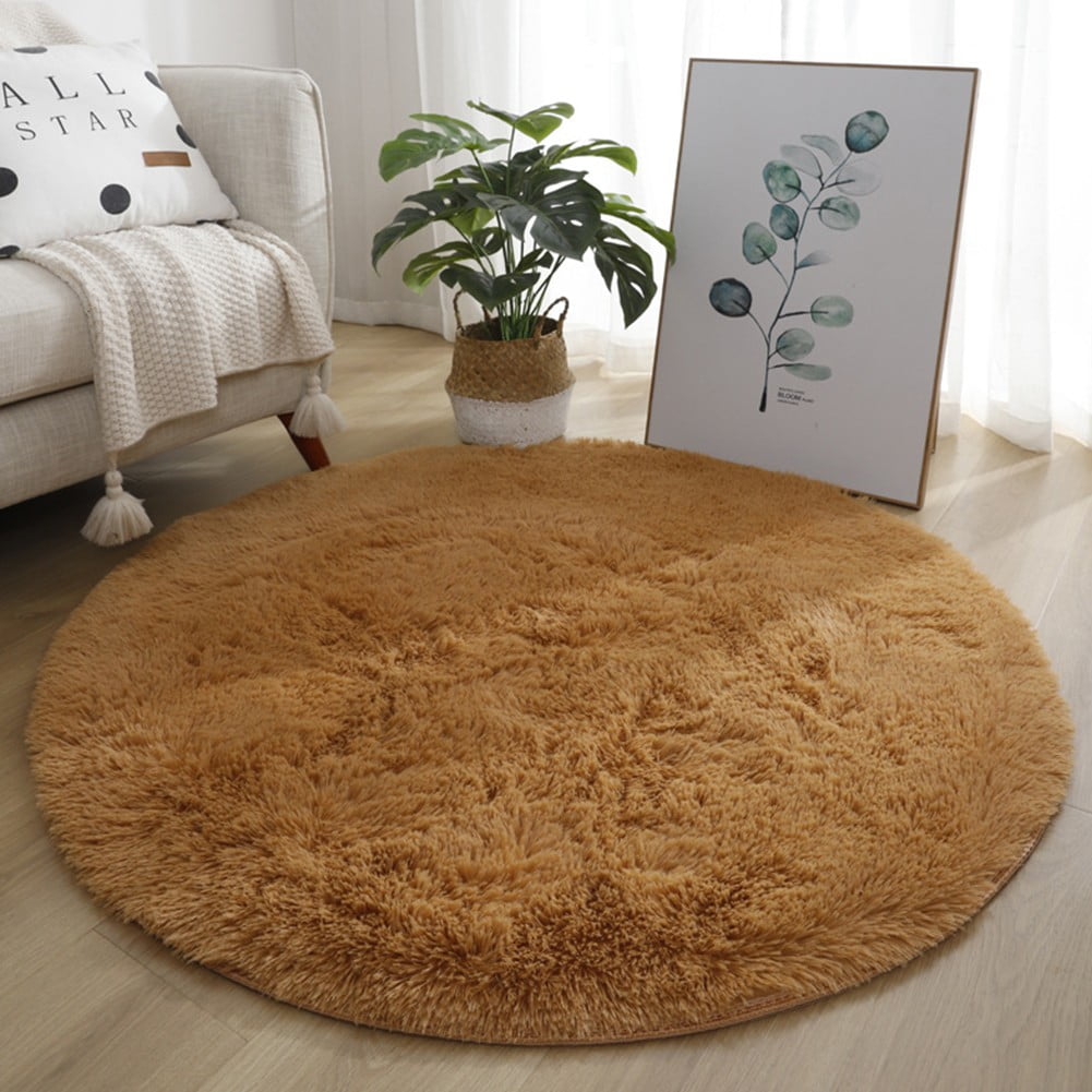 VibeCore Fluffy Round Area Rug in camel, soft plush texture with non-slip backing, perfect for bedroom, living room, or dorm. Cozy aesthetic, easy to clean, available in 8 colors.