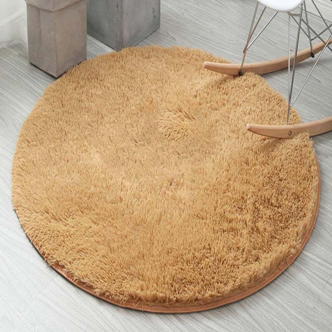 VibeCore Fluffy Round Area Rug in camel, close-up view showcasing its soft plush texture and cozy feel. Non-slip backing for stability, perfect for bedroom, living room, or dorm. Easy to clean and available in 8 colors.
