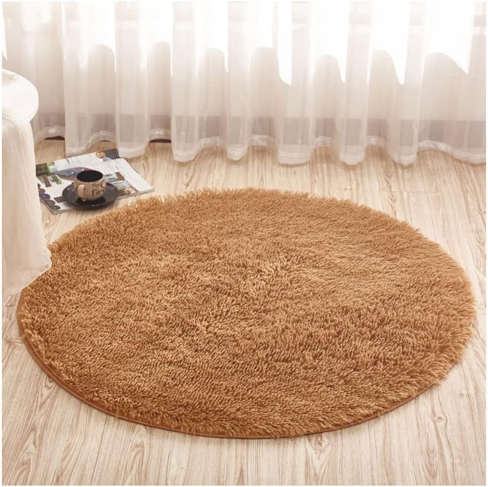 VibeCore Fluffy Round Area Rug in camel on the floor, featuring a soft plush texture and non-slip backing. Cozy and stylish, perfect for bedrooms, living rooms, or dorms. Easy to clean and available in 8 colors.