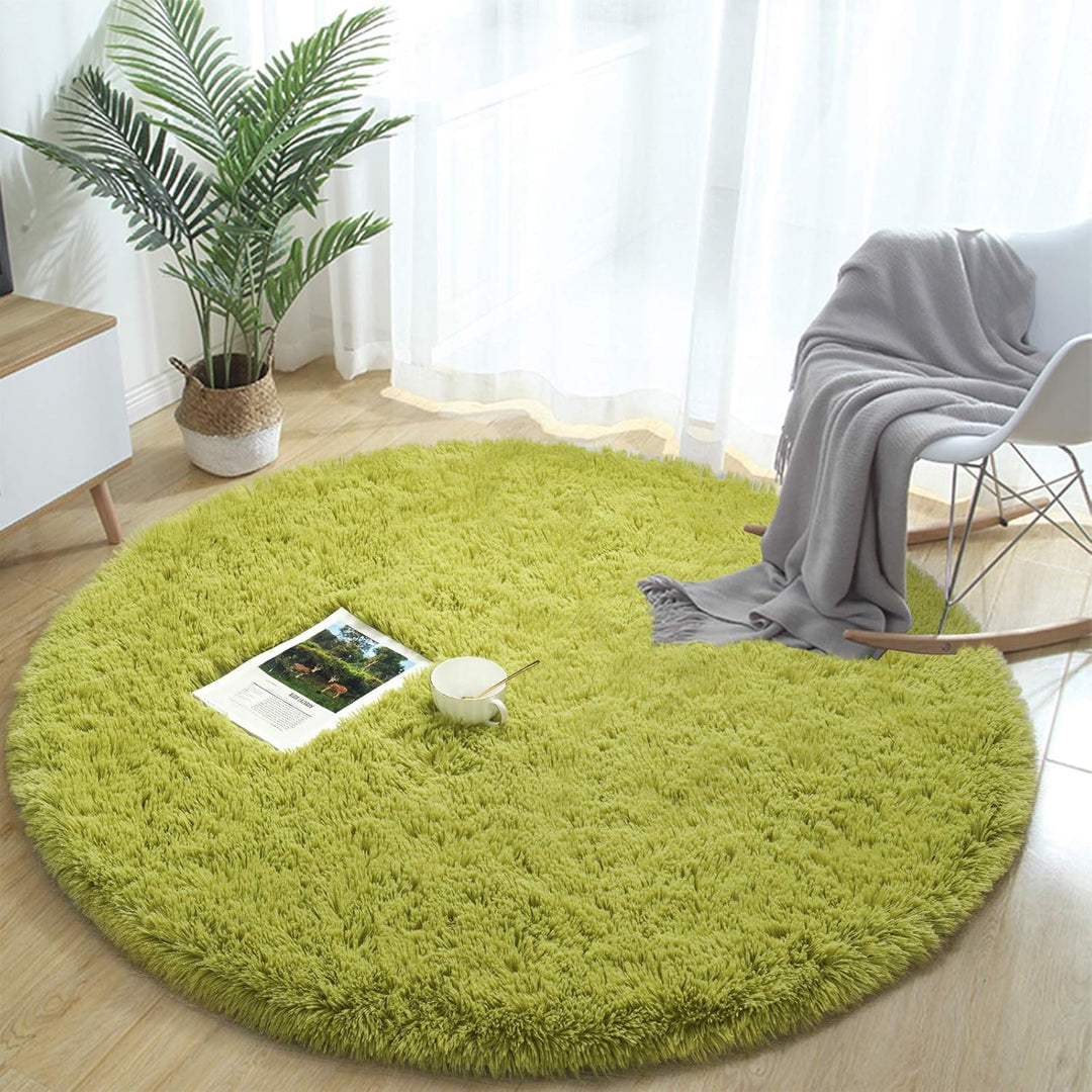 VibeCore Fluffy Round Area Rug in green, soft plush texture with non-slip backing, perfect for bedroom, living room, or dorm. Cozy aesthetic, easy to clean, available in 8 colors.