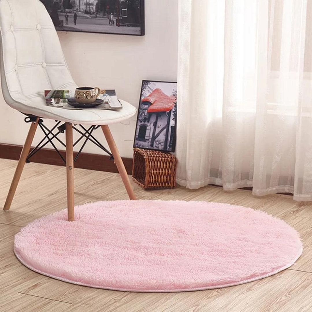 VibeCore Fluffy Round Area Rug in pink, soft plush texture with non-slip backing, perfect for bedroom, living room, or dorm. Cozy aesthetic, easy to clean, available in 8 colors.