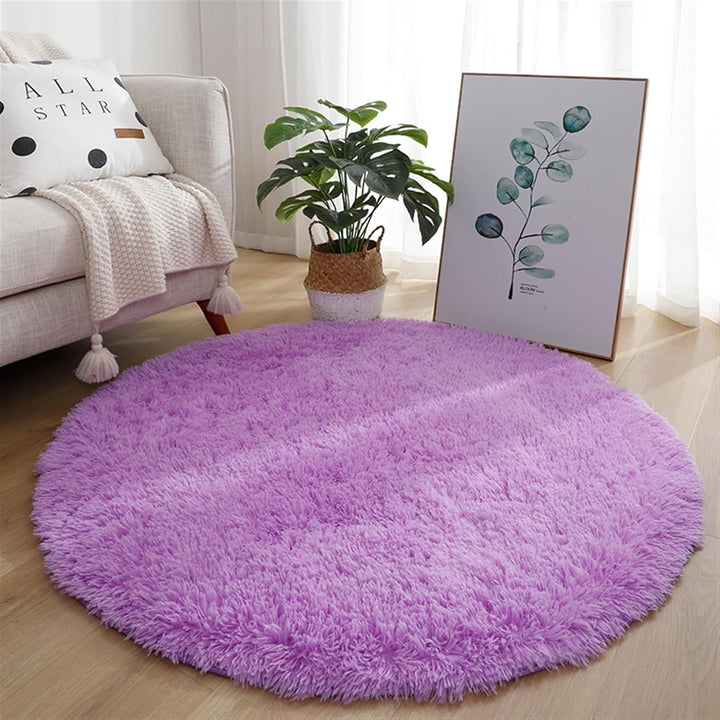 VibeCore Fluffy Round Area Rug in purple, soft plush texture with non-slip backing, perfect for bedroom, living room, or dorm. Cozy aesthetic, easy to clean, available in 8 colors.