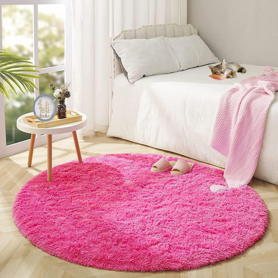 VibeCore Fluffy Round Area Rug in rose red, featuring a soft plush texture and non-slip backing. Cozy and stylish, perfect for bedrooms, living rooms, or dorms. Easy to clean and available in 8 colors.