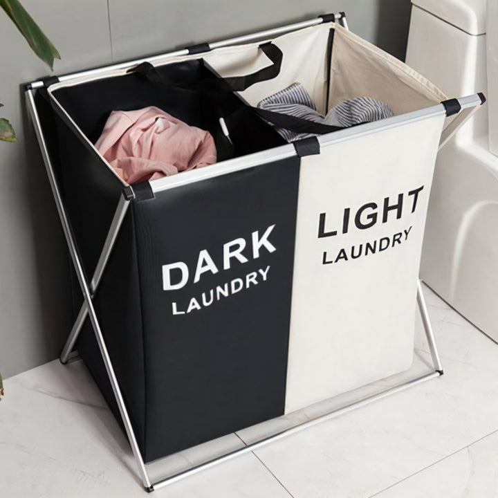 VibeCore Foldable Laundry Basket Organizer in two colors, placed in a laundry room for easy sorting and storage, featuring a waterproof design and reinforced handles.