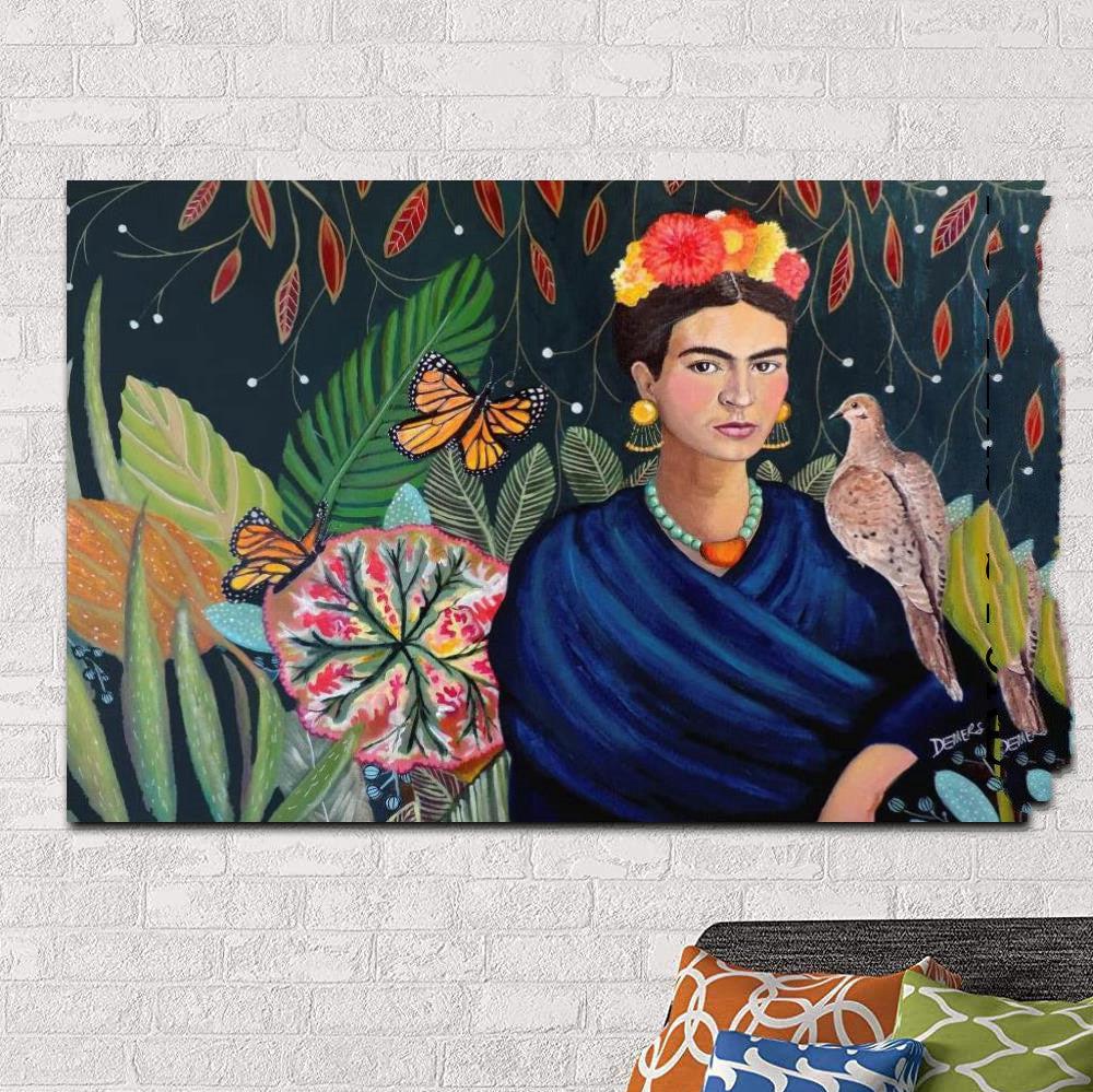 VibeCore Frida Kahlo Canvas Prints Option B: With bird and butterflies and plants
