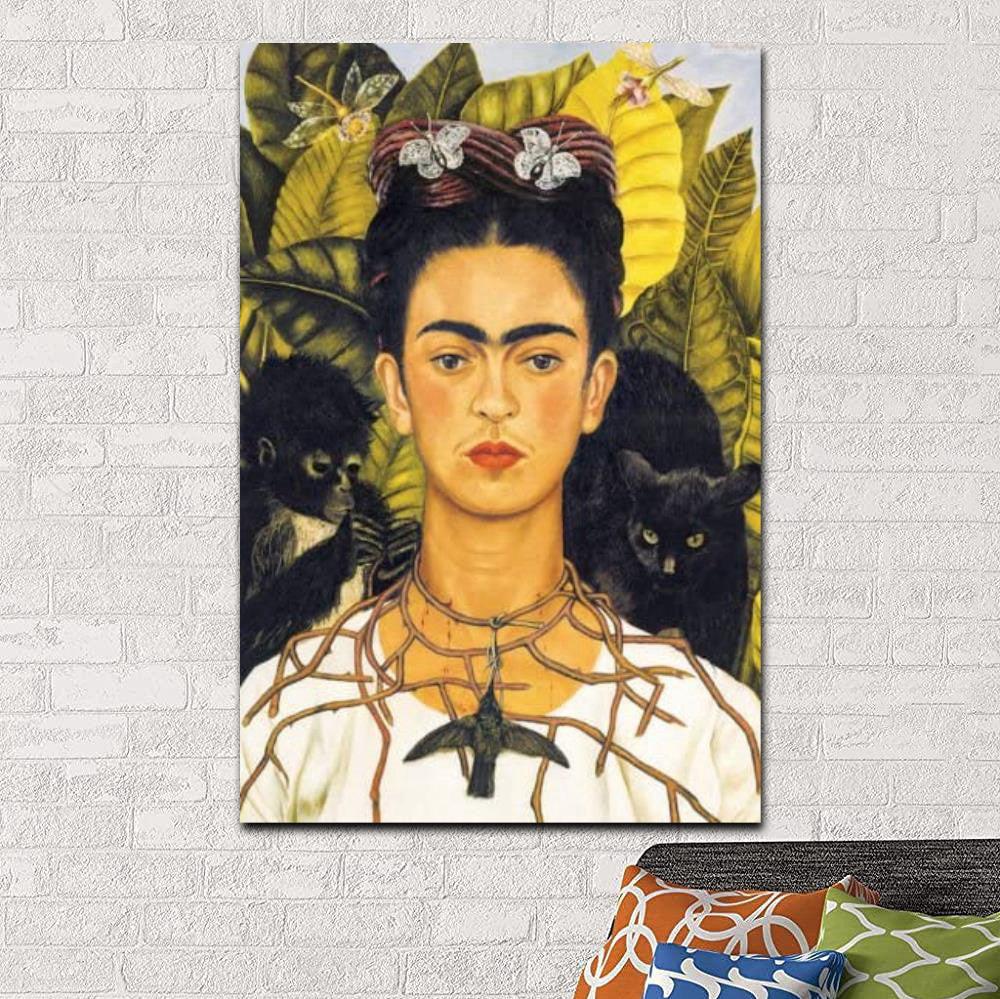 VibeCore Frida Kahlo Canvas Prints Option C: Cat monkey and leafs behind her