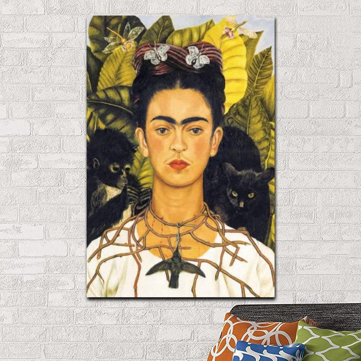 VibeCore Frida Kahlo Canvas Prints Option C: Cat monkey and leafs behind her