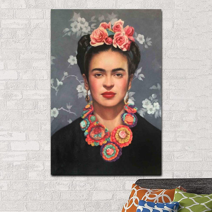 VibeCore Frida Kahlo Canvas Prints Option J: Paitinng with gray background and flowers