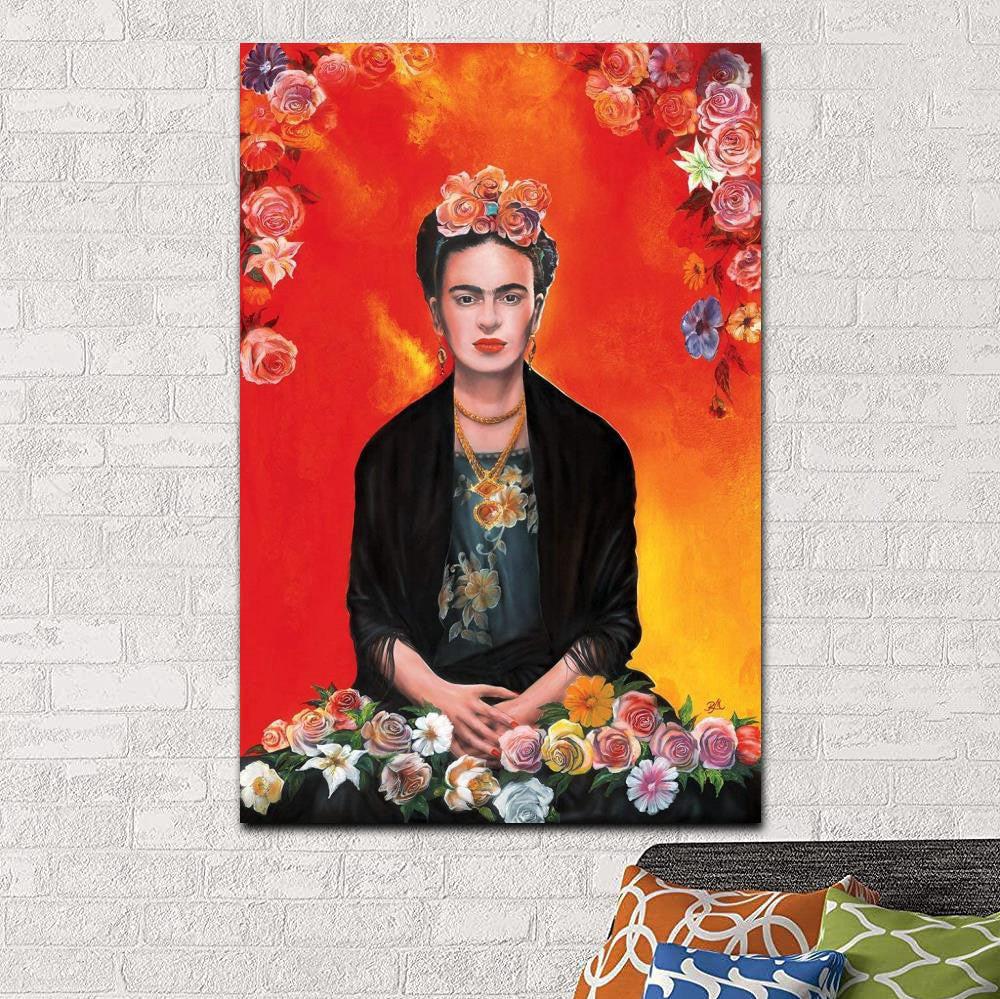 VibeCore Frida Kahlo Canvas Prints Option P: Sitting with red background