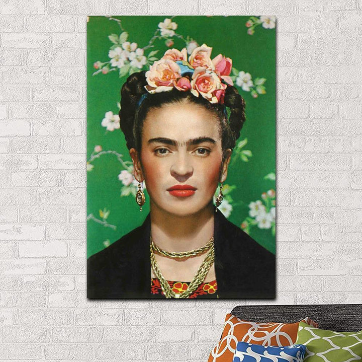 VibeCore Frida Kahlo Canvas Prints Option R: Green background with white flowers