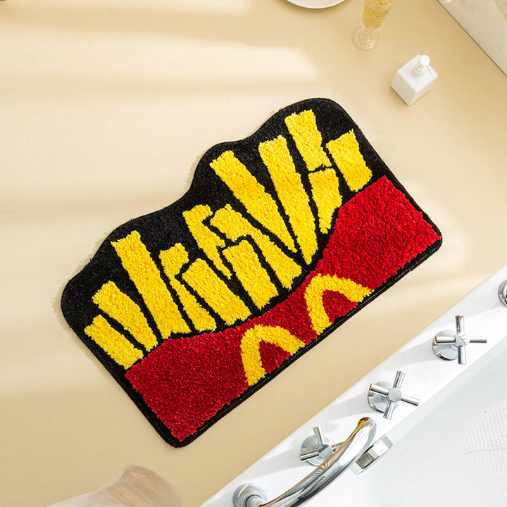Aerial view of the VibeCore Fries Accent Rug, featuring its fun fries design, vibrant colors, and plush texture. This cute rug adds a playful, nostalgic touch to any room, perfect for bedrooms, dorms, or living rooms. The non-slip backing ensures safety, while the modern aesthetic makes it ideal for contemporary spaces. A great choice as a cute rug for your bedroom or dorm room, this rug adds personality, comfort, and style to any room, making it a standout piece in your decor.