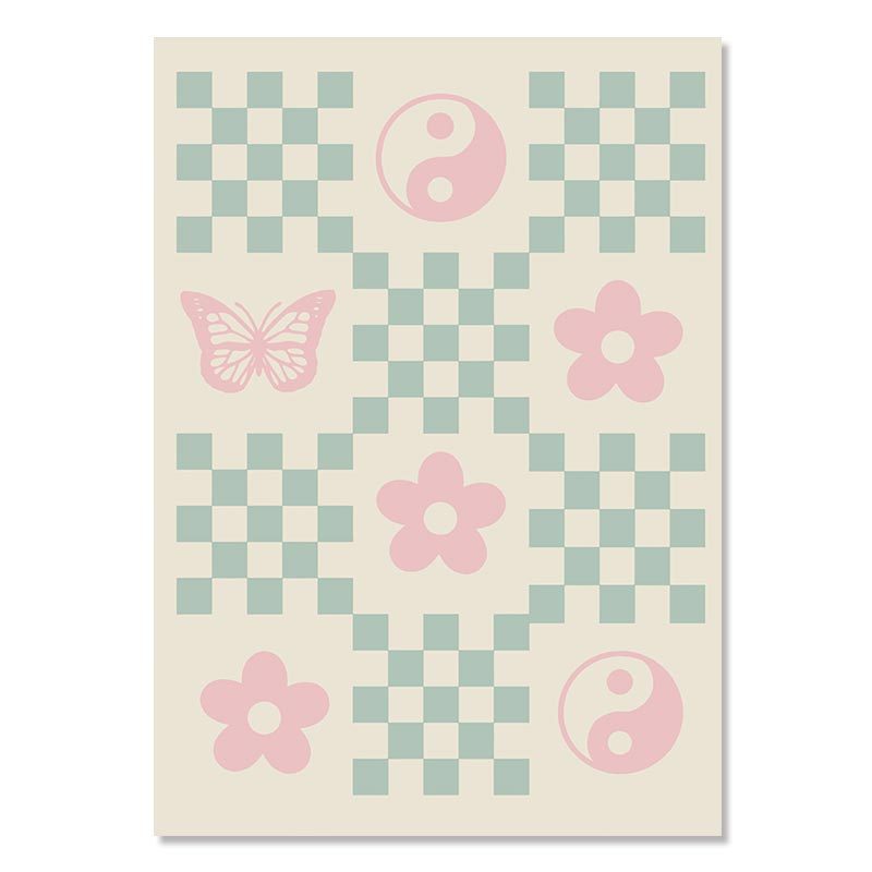 VibeCore Funky Aesthetic Canvas Prints Option A Pastel Pink Flowers Butterfly and Yin Yang With Pale Green Grid