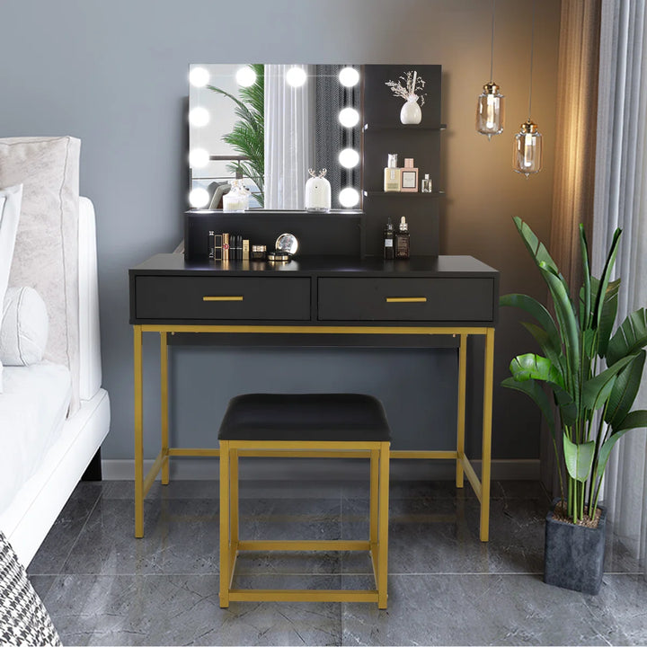VibeCore GAIA Hollywood Lights Makeup Vanity + Stool In Bedroom