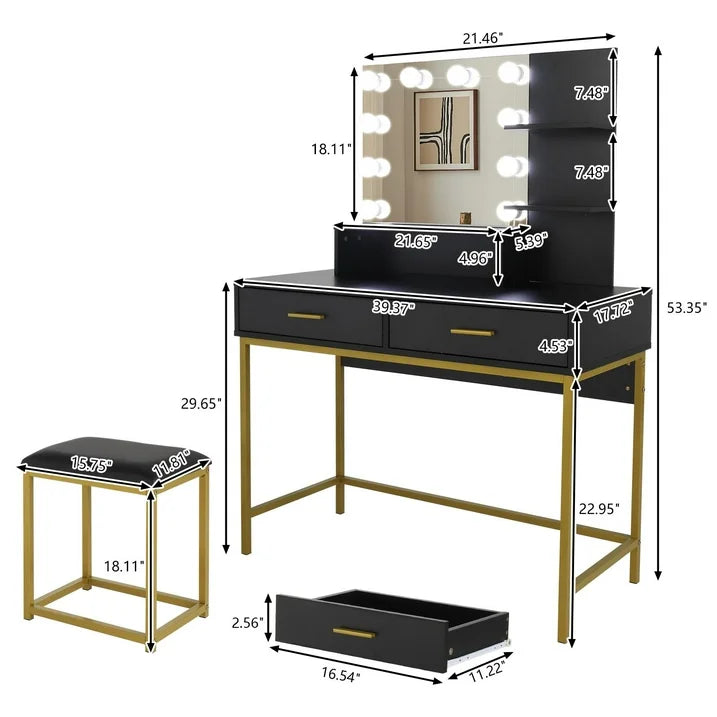 VibeCore GAIA Hollywood Lights Makeup Vanity + Stool Product Size