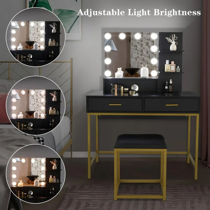 VibeCore GAIA Hollywood Lights Makeup Vanity + Stool Stool Adjustable Brightness