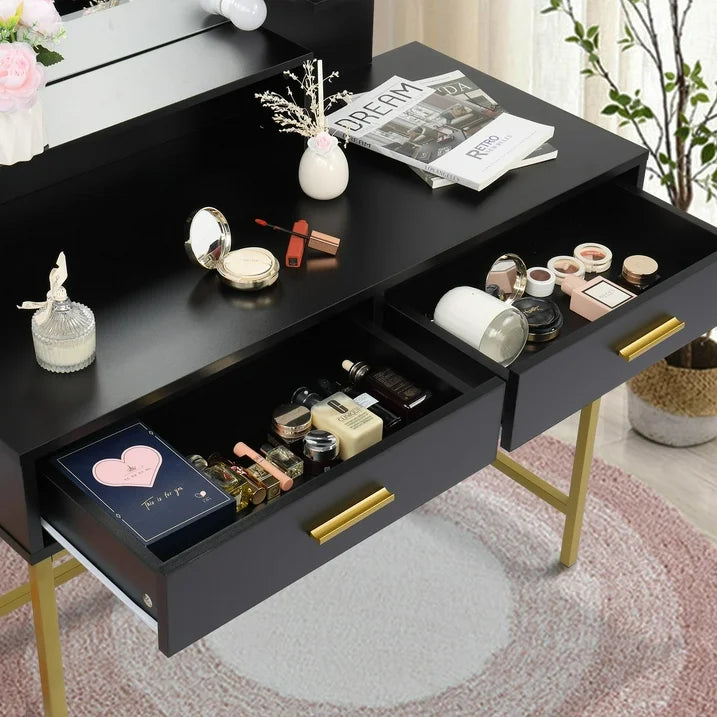 VibeCore GAIA Hollywood Lights Makeup Vanity + Stool Stool Drawer Close Up