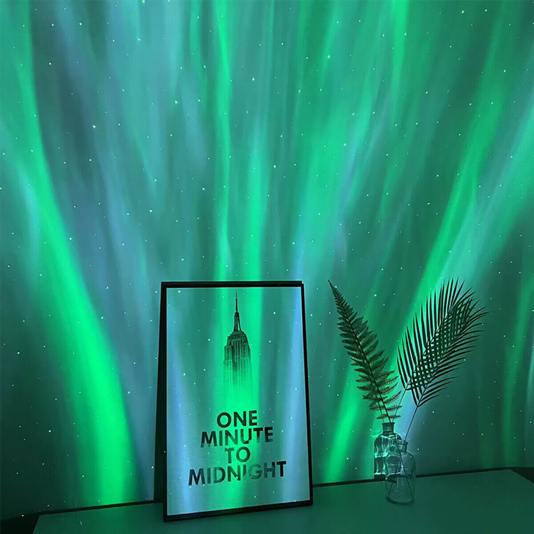 VibeCore Galaxy Projector casting a soothing green aurora light show with twinkling stars, creating a tranquil and dreamy ambiance in a bedroom.