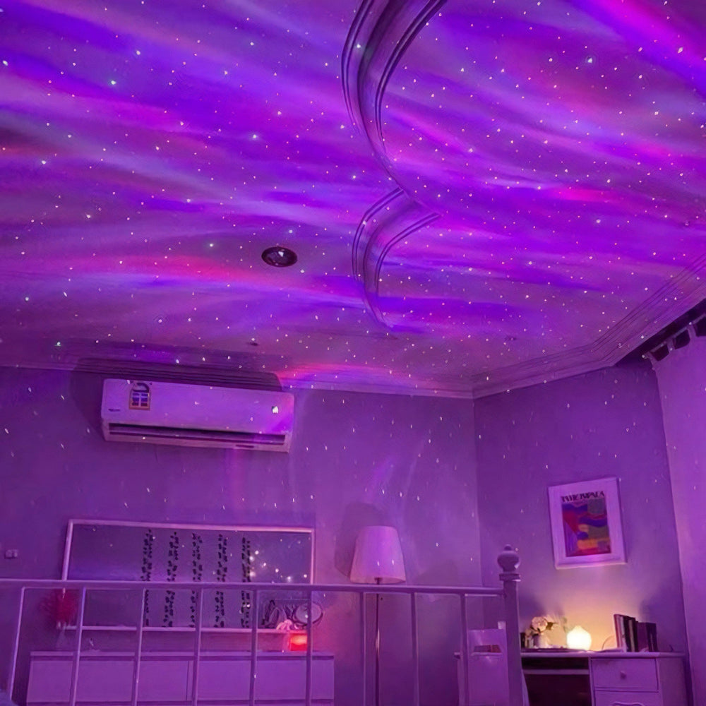 VibeCore Galaxy Projector displaying a calming purple aurora light show with twinkling stars, creating a serene and dreamy atmosphere in a bedroom.