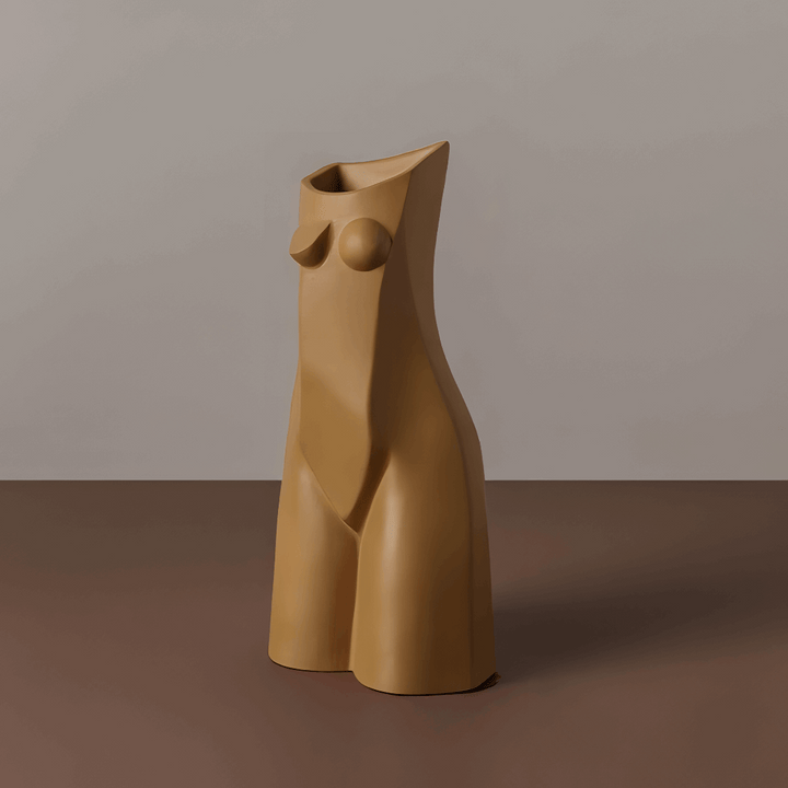 VibeCore Geometric Female Body Vase Brown, featuring a sculpted female form with geometric lines and soft curves, crafted from high-quality ceramic for a minimalist and artistic touch.