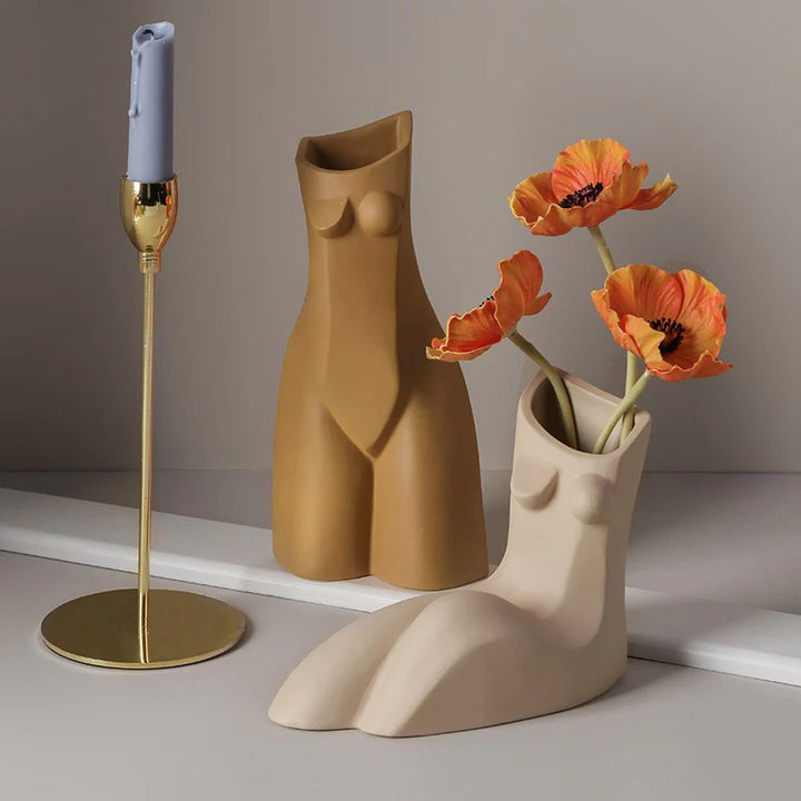 VibeCore Geometric Female Body Vase Khaki and Beige, showcasing minimalist ceramic craftsmanship with sculpted female figures, combining smooth curves and geometric lines in a chic, modern design.