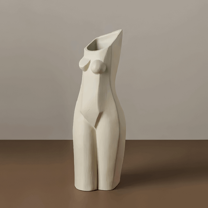 VibeCore Geometric Female Body Vase White, showcasing a bold, minimalist design with geometric lines and smooth, organic curves, crafted from high-quality ceramic for a chic, modern look.
