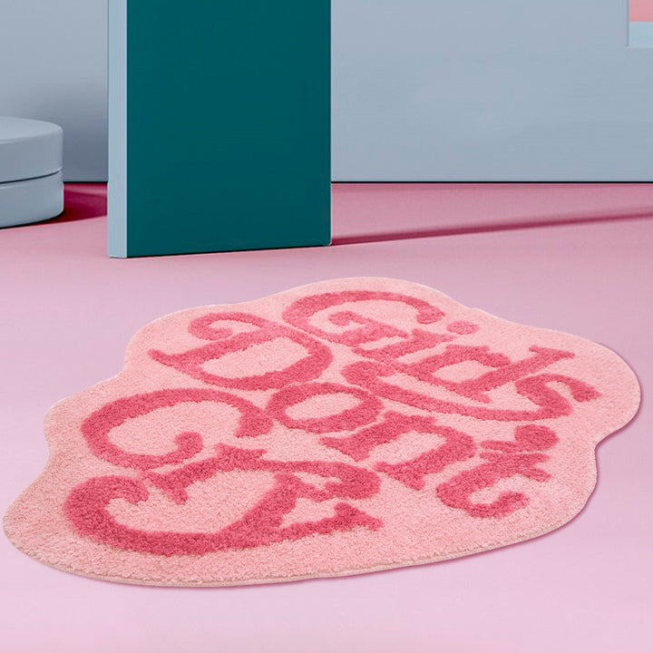 VibeCore Girls Don’t Cry Accent Rug featuring a bold pink design with a powerful quote, perfect for adding personality and style to any room. Soft texture with non-slip backing for added comfort and safety.