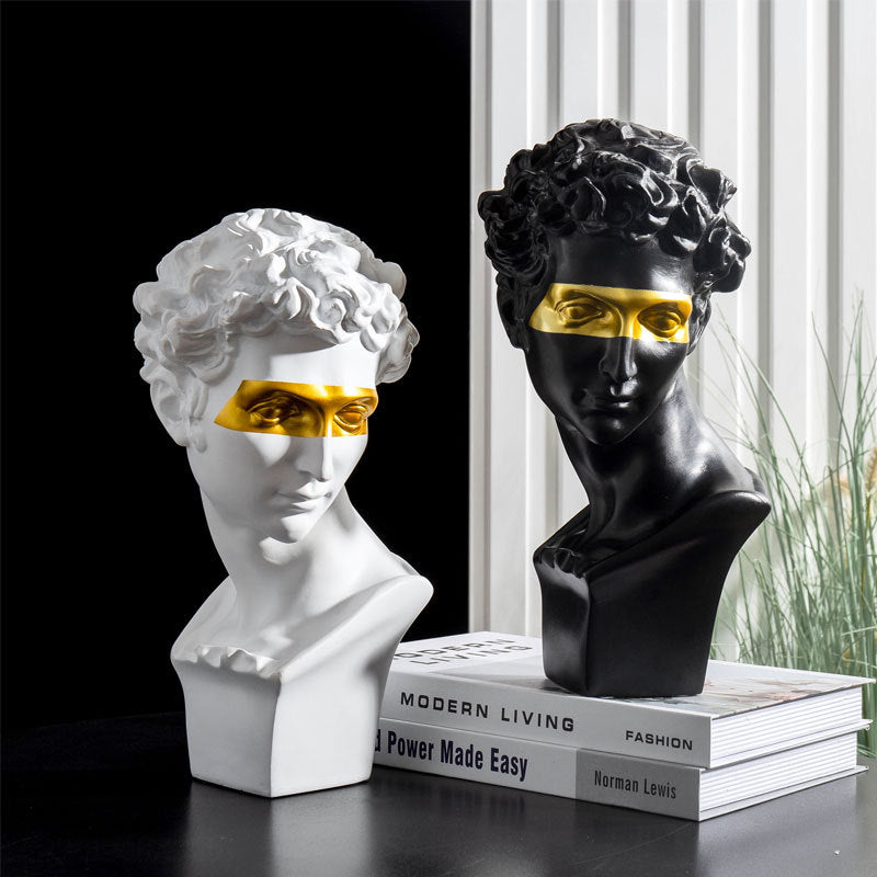 VibeCore Gold-Eye David Sculpture in black and white, crafted from durable resin, combining classic European style with a modern gold-eye twist, perfect for sophisticated home decor.