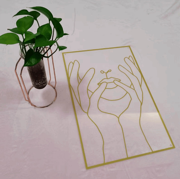 Gold female line art wall decor laid flat – metallic gold acrylic silhouette wall art for modern bedroom, dorm room, or office – VibeCore minimalist aesthetic decor