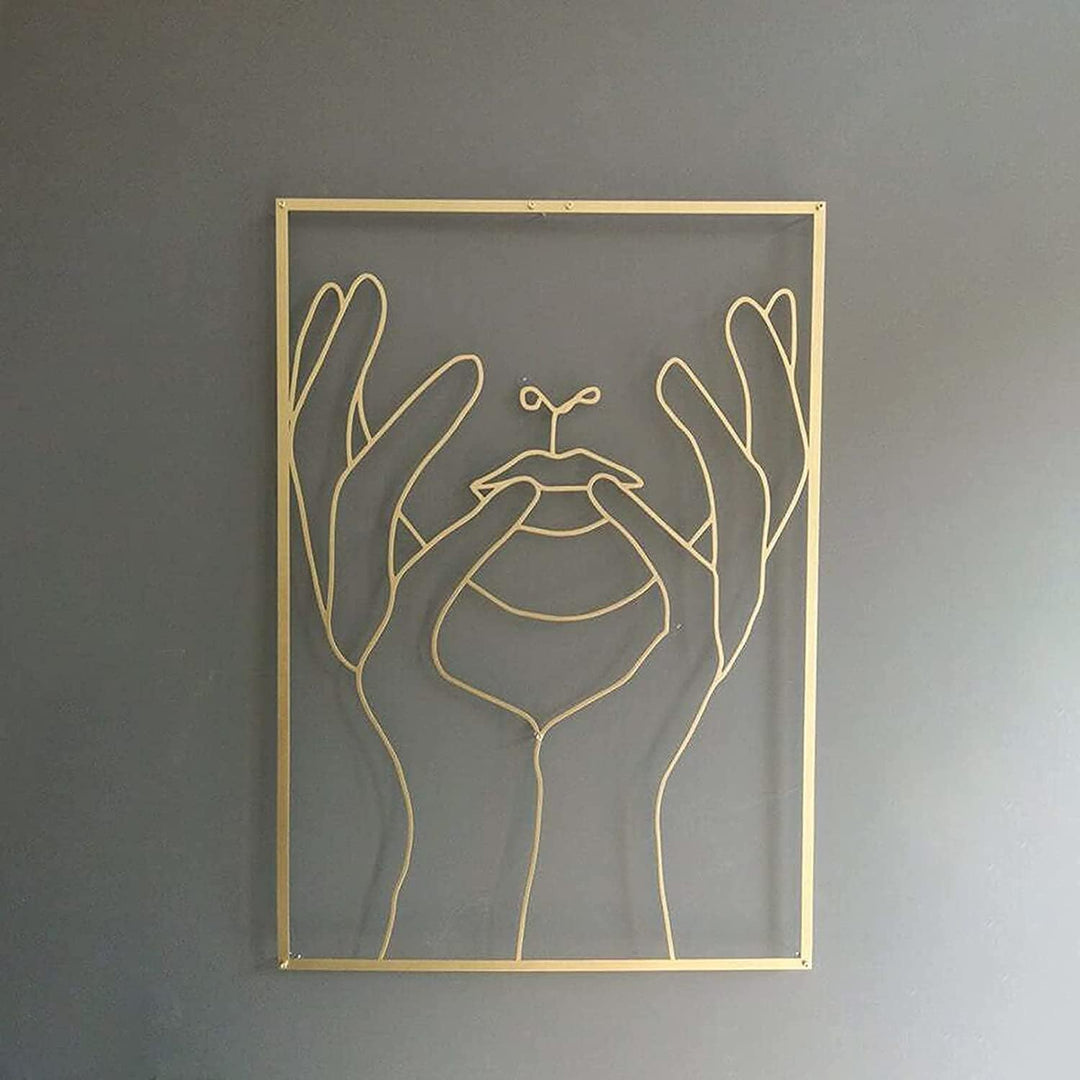 Gold female line art wall decor of woman with hands on face – minimalist acrylic wall art with metallic gold finish, modern aesthetic decor for bedroom, office, or bathroom – VibeCore cutecore coquette teen room dorm wall art