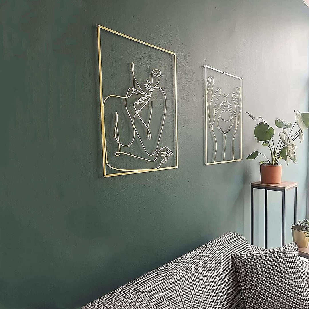 Gold female line art wall decor Option A and B – metallic gold acrylic silhouettes for modern bedroom, dorm room, or office – VibeCore minimalist aesthetic decor