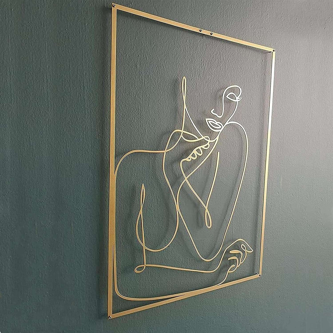 Gold female line art wall decor side view on green wall – metallic gold acrylic silhouette wall art for modern bedroom, dorm room, or office – VibeCore minimalist aesthetic decor