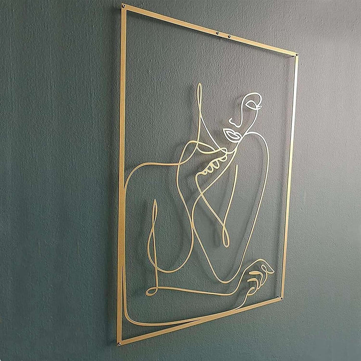 Gold female line art wall decor side view on green wall – metallic gold acrylic silhouette wall art for modern bedroom, dorm room, or office – VibeCore minimalist aesthetic decor