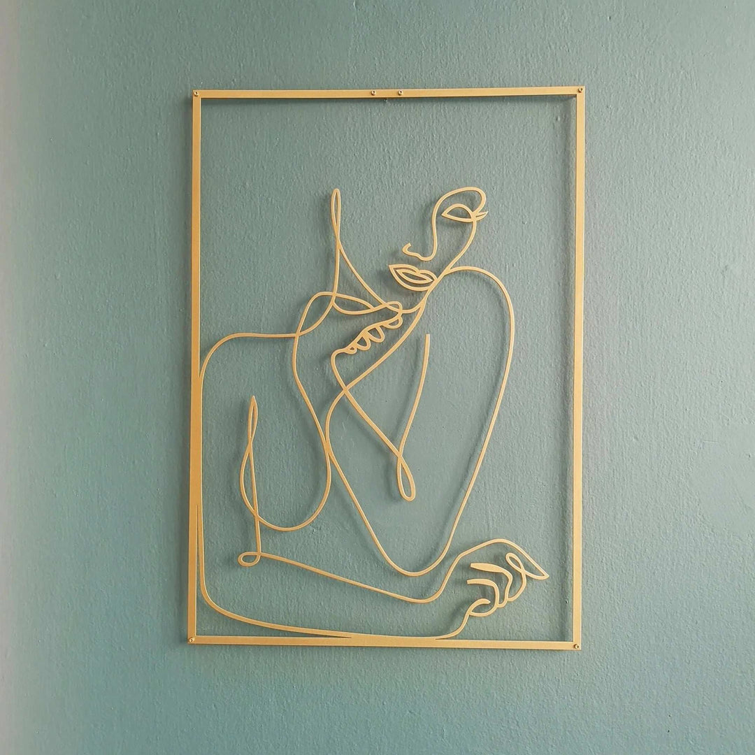 Gold female line art wall decor of woman posing – metallic gold acrylic silhouette wall art for modern bedroom, dorm room, or office – VibeCore minimalist aesthetic decor