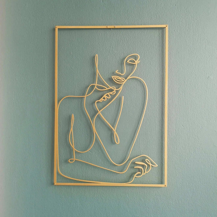 Gold female line art wall decor of woman posing – metallic gold acrylic silhouette wall art for modern bedroom, dorm room, or office – VibeCore minimalist aesthetic decor