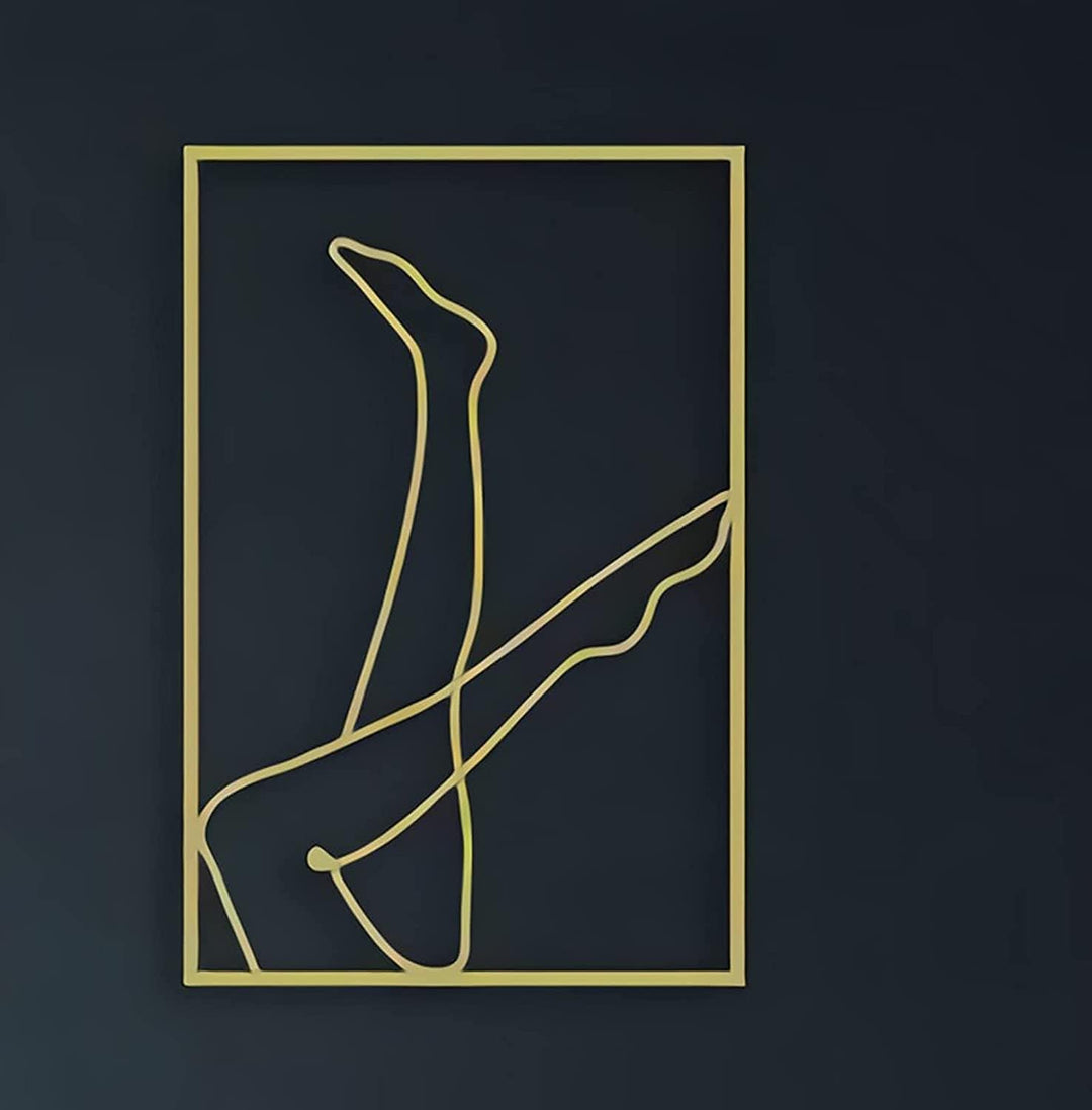 Gold female line art wall decor of woman with legs in the air – metallic gold acrylic silhouette wall art for modern bedroom, dorm room, or office – VibeCore minimalist aesthetic decor