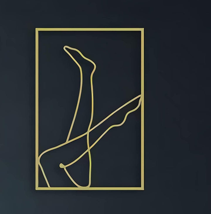 Gold female line art wall decor of woman with legs in the air – metallic gold acrylic silhouette wall art for modern bedroom, dorm room, or office – VibeCore minimalist aesthetic decor