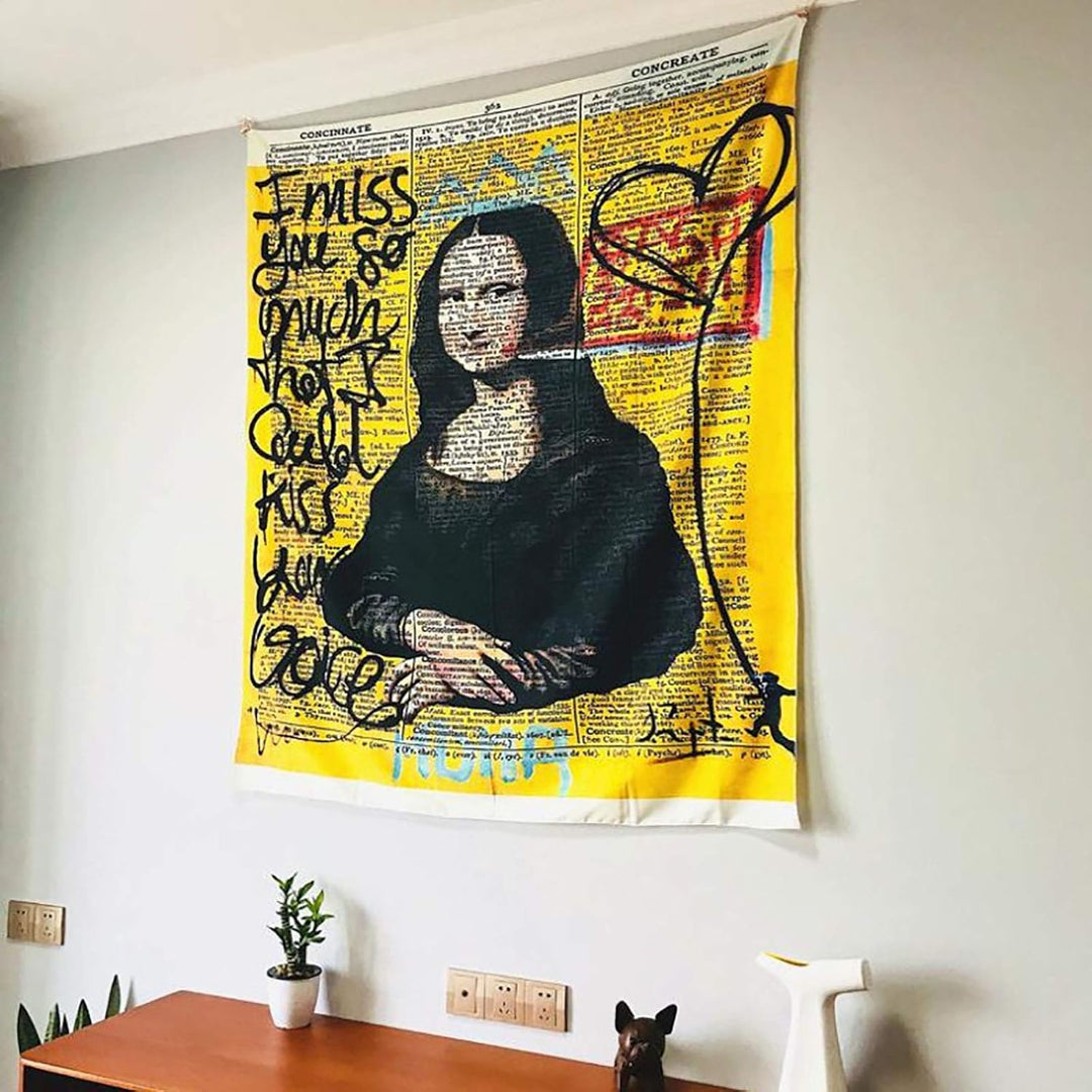 VibeCore Graffiti Mona Lisa Tapestry Hanging Side View