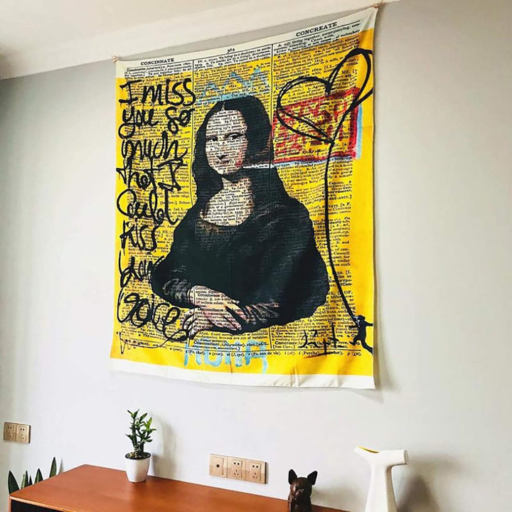 VibeCore Graffiti Mona Lisa Tapestry Hanging Side View
