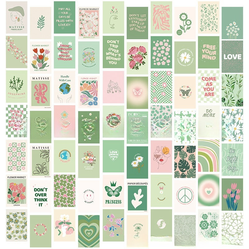 Green Aesthetic Wall Collage Kit by VibeCore, featuring 70 calming pastel green and floral prints with Matisse-inspired designs. Perfect for creating a serene, nature-inspired photo collage poster or wall art display in your dorm room or bedroom. Printed on high-quality matte paper for a sleek, glare-free finish.