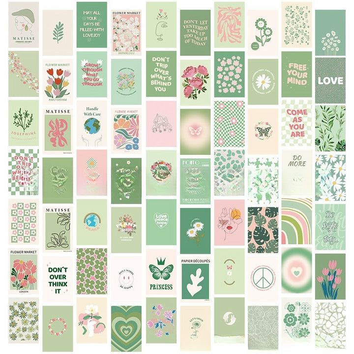 Green Aesthetic Wall Collage Kit by VibeCore, featuring 70 calming pastel green and floral prints with Matisse-inspired designs. Perfect for creating a serene, nature-inspired photo collage poster or wall art display in your dorm room or bedroom. Printed on high-quality matte paper for a sleek, glare-free finish.