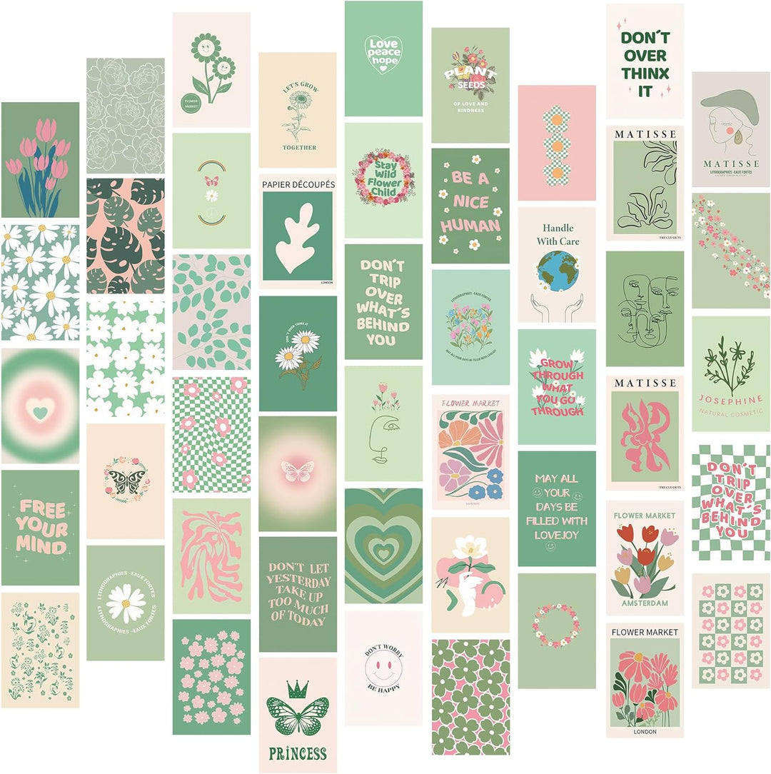VibeCore Green Aesthetic Wall Collage Kit featuring half of the 70 calming pastel green and floral prints with Matisse-inspired designs, displayed on a wall. Ideal for creating a serene, nature-inspired collage with a customizable setup.