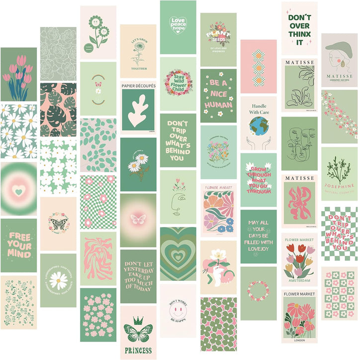 VibeCore Green Aesthetic Wall Collage Kit featuring half of the 70 calming pastel green and floral prints with Matisse-inspired designs, displayed on a wall. Ideal for creating a serene, nature-inspired collage with a customizable setup.