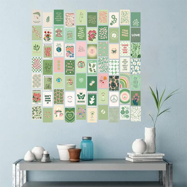 VibeCore Green Aesthetic Wall Collage Kit displayed on a wall, featuring 70 calming pastel green and floral prints with Matisse-inspired designs. Perfect for creating a serene, nature-inspired vibe in your room or living space.