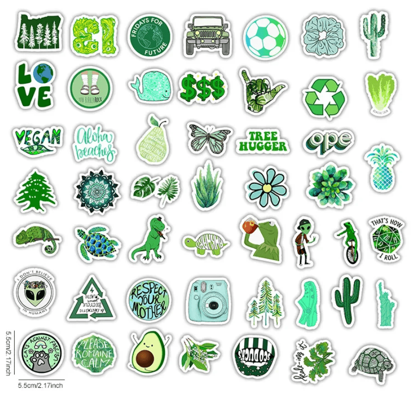 VibeCore Green Dream Stickers, nature-inspired designs featuring plants, leaves, and earthy patterns to bring a fresh, calming touch to your accessories.