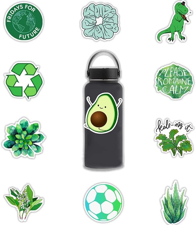 VibeCore Green Dream Stickers on water bottle, featuring nature-inspired designs with vibrant plants and leaves, adding a calming, earthy touch to your accessories.