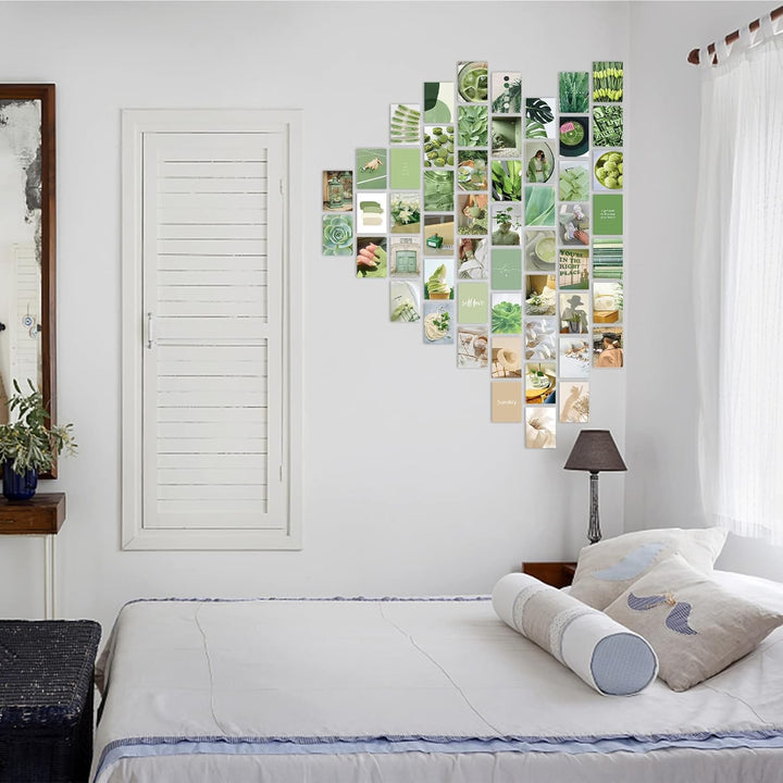 VibeCore Green Queen Wall Collage Kit on bedroom wall featuring 70 lush green prints in pastel, matcha, and nature-inspired tones. Perfect for bedroom, green decor, calming nature vibes, modern aesthetic, fresh wall art, and personalized bedroom styling.