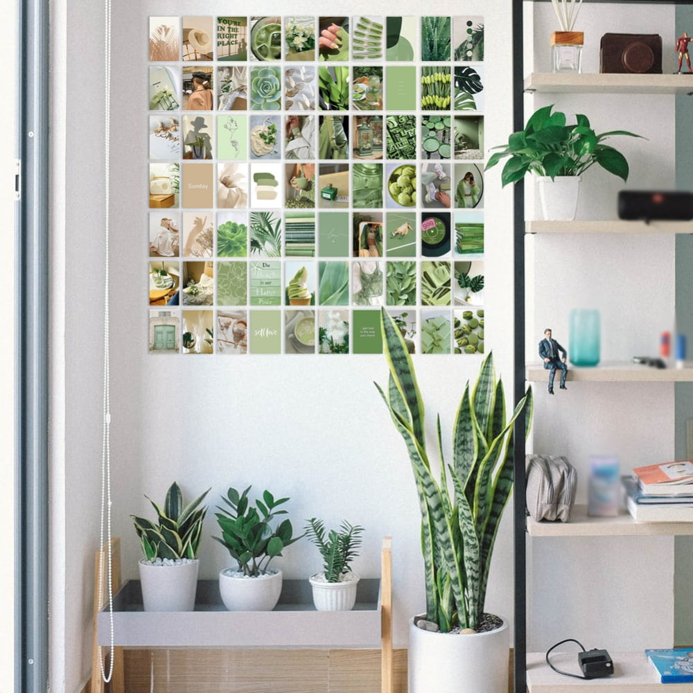 VibeCore Green Queen Wall Collage Kit on living room wall featuring 70 lush green prints in pastel, matcha, and nature-inspired tones. Perfect for living room, green decor, modern aesthetic, calming nature vibes, fresh wall art, and personalized home styling.