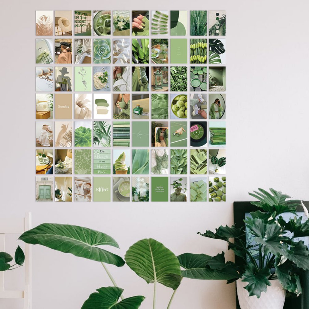 VibeCore Green Queen Wall Collage Kit on wall featuring 70 lush green prints in pastel, matcha, and nature-inspired tones. Perfect for dorm room, bedroom, green decor, modern aesthetic, calming nature vibes, fresh wall art, and personalized collage display.